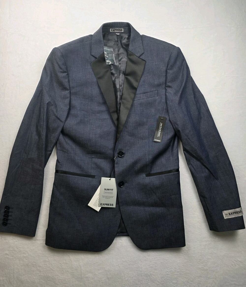 NWT Express Photographer Slim Tuxedo Jacket Black Satin Lapel Blazer 36 Short